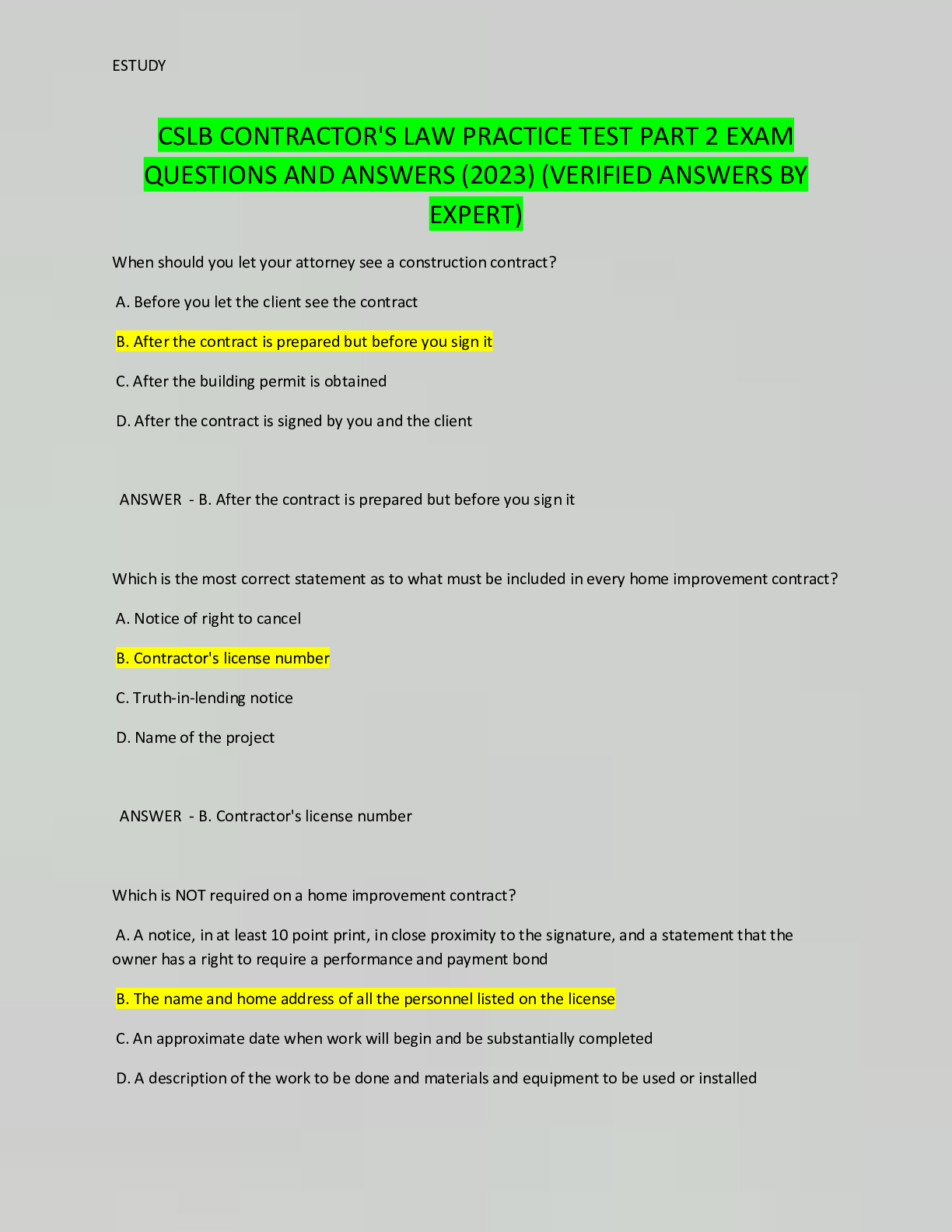 Preview image of CSLB CONTRACTOR'S LAW PRACTICE TEST PART 2 EXAM  QUESTIONS AND ANSWERS (2023) (VERIFIED ANSWERS BY  EXPERT) document